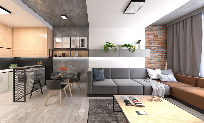 Industriálny interiér bytu Bratislava Apollo